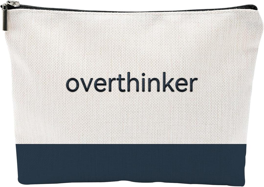 Funny Makeup Bag for Women - overthinker Relatable Quote Pouch - Minimalist Navy Blue Color Block Canvas Cosmetic Organizer - Unique Gift for Best Friend, Introverts & Mental Health Awareness
