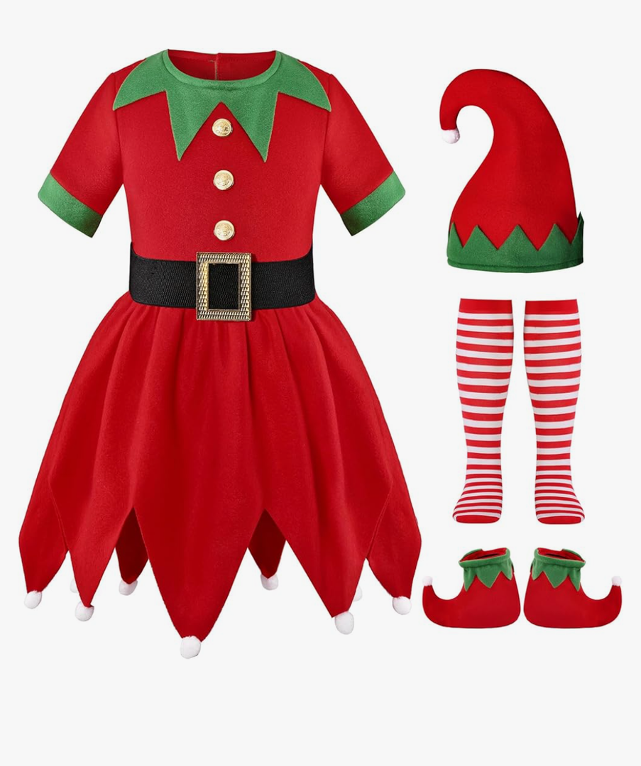 Gortykor Girls Elf Costume Christmas Elf Dress Suit for Girls Christmas Santa's Helper Costume (7-8 Years)