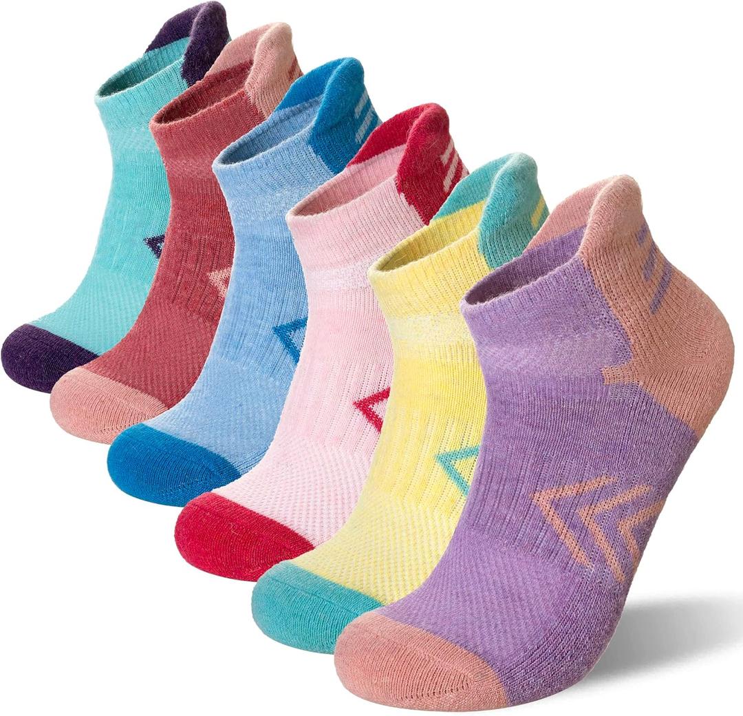 Velice Merino Wool Ankle Hiking Running Socks for Women Compression Thick Athletic Cushion Breathable No Show Socks 6 Pairs (Medium, Multicolor)