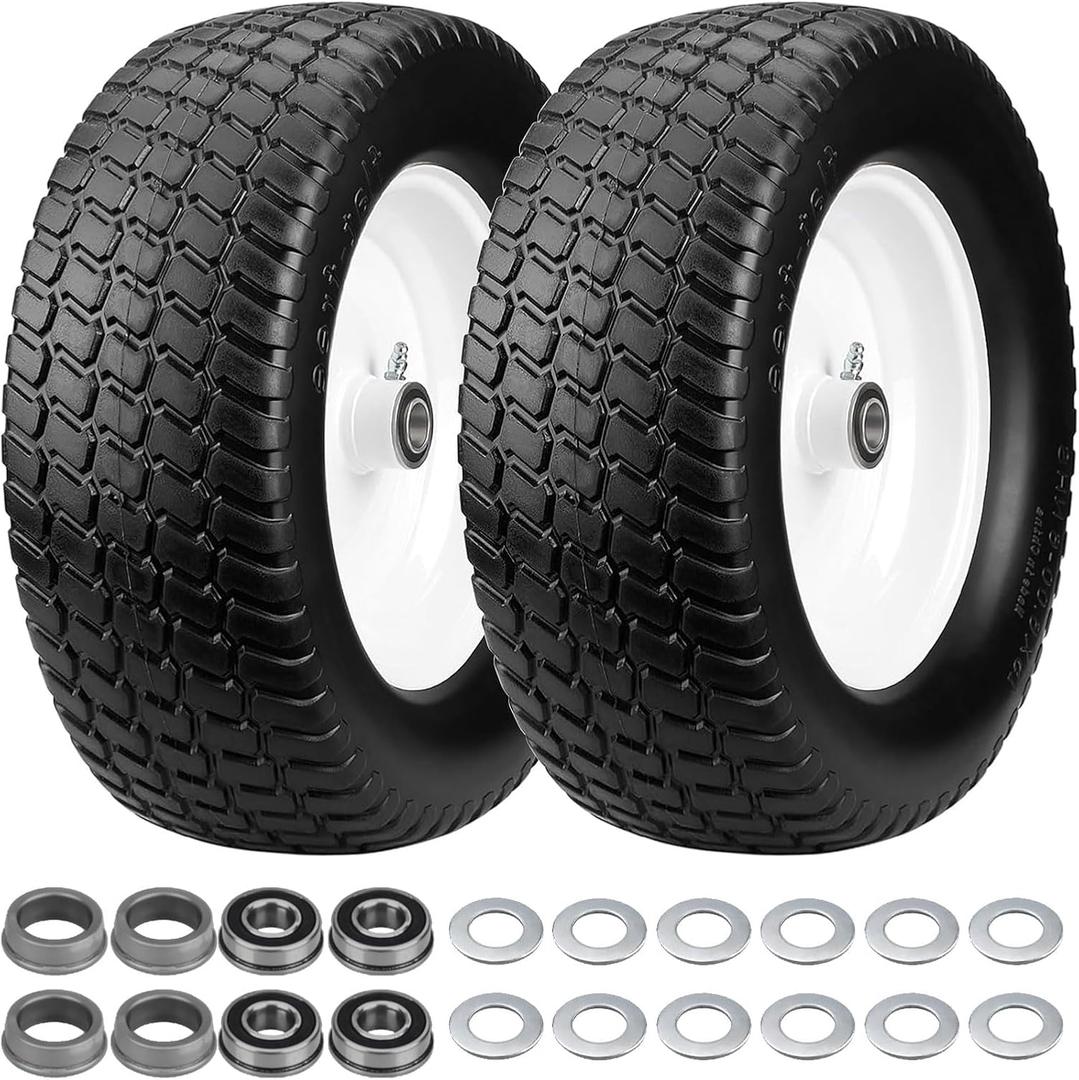 2 Pack 15x6.00-6 Flat Free Tire and Wheel, Solid Lawn Mower Tires 15x6.00-6, 15x6.00-6 Solid Tires （White Rim)