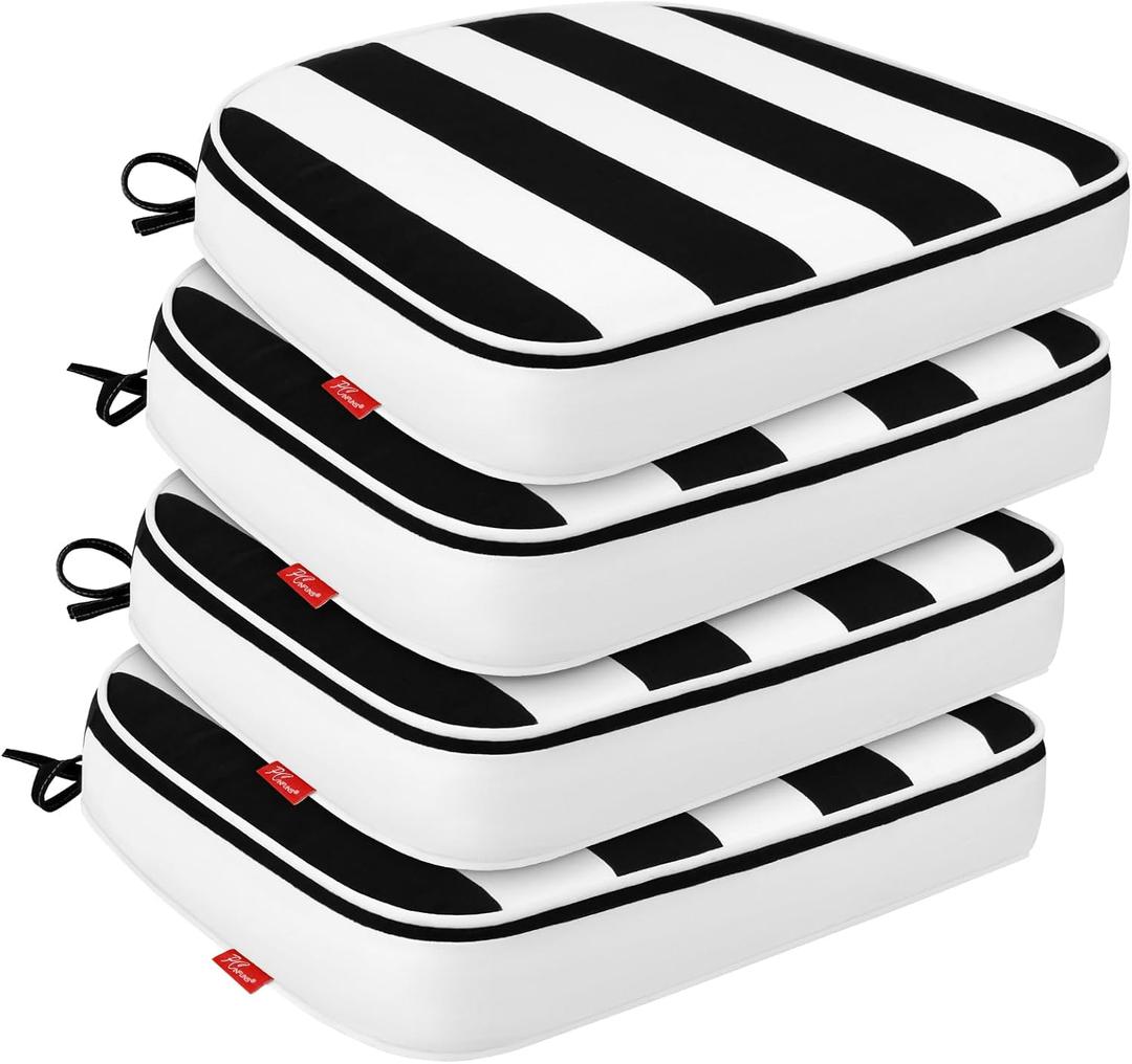 Pcinfuns Outdoor Chair Cushions Set of 4, 17"x16" Water-Resistant Patio Cushions with Ties, High Density Foam U-Shape Seat Cushions for Patio Garden Chairs,Black White Stripe