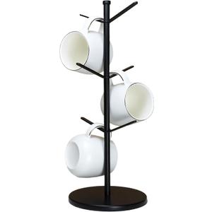 Premium Mug Tree, 6 Hooks Upgraded Stable Metal Mug Holder, Bamboo Base Coffee Mug Cup Rack for Counter Top, Mug Display, Home Storage and Cup Organizer, Black