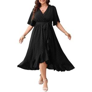 SCOMCHIC Women's Plus Size Summer Dresses Short Sleeve Wrap V Neck Swiss Dot Boho High Low Split Ruffle Maxi Dress, 1XL