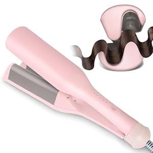 Tieumioe Beach Waves Curling Iron 1.4 Inch Double Barrel Waver, Ceramic Wave Iron for Hair Beach Waver Hair Crimper for Women, Anti-Scald, Dual Voltage Wavy Iron Deep Waver Hair Tool, Pink