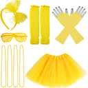jiebor 80s Costume Outfits Accessories for Girls Tutu Skirt Leg Warmers Fishnet Gloves Shutter Glass Headband Necklace (Yellow)