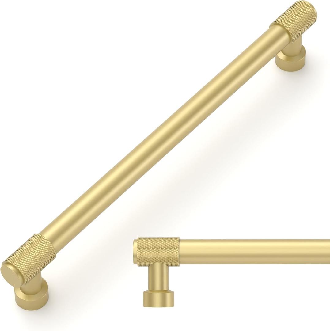 Amerdeco 10 Pack Brushed Gold Knurled Cabinet Pulls 10 Inch(254mm) Hole Center Kitchen Cabinet Handles Drawer Pulls Cabinet Hardware ZH0034