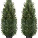 3FT Artificial Topiary Cedar Trees, Artificial Outdoor Plants UV Resistant, Realistic Fake Outdoor Plants Front Porch Decor, Artificial Bushes Cypress, Set of 2