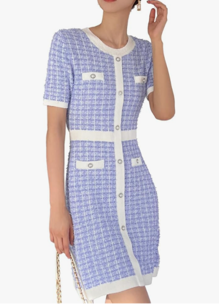 URBAN REVIVO Women's Sweater Dress Knit Tweed Dress Short Sleeve Pearl Button Mini Dresses Trendy for Fall Spring Summer (Medium, Black-style-1)