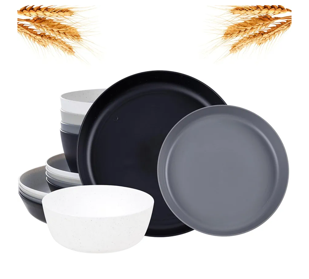 EI 12pcs Wheat Straw Plates,Wheat Straw Dinnerware Set,Plate and Bowls Sets,Plastic Plates Reusable-White,Black,Grey,Dark Grey,Dinner Plate Set of 4 Kitchen,Picnic