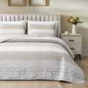 Chezmoi Collection Robyn 3-Piece Neutral Taupe Gray White Floral Hibiscus Flower Patchwork Striped Quilt Set - Pre-Washed Cotton Coverlet - Lightweight Reversible Bedspread, King Size