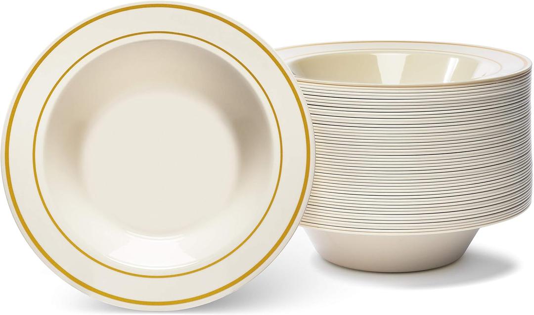 Oasis Creations Gold Rimmed Ivory Bowls - 12 ounce - 50 Count - Hard Plastic - Disposable or Reusable - Dessert - Salad - Cereal - Pasta Bowls - Ideal for Weddings, Parties, Gatherings, Events &More!