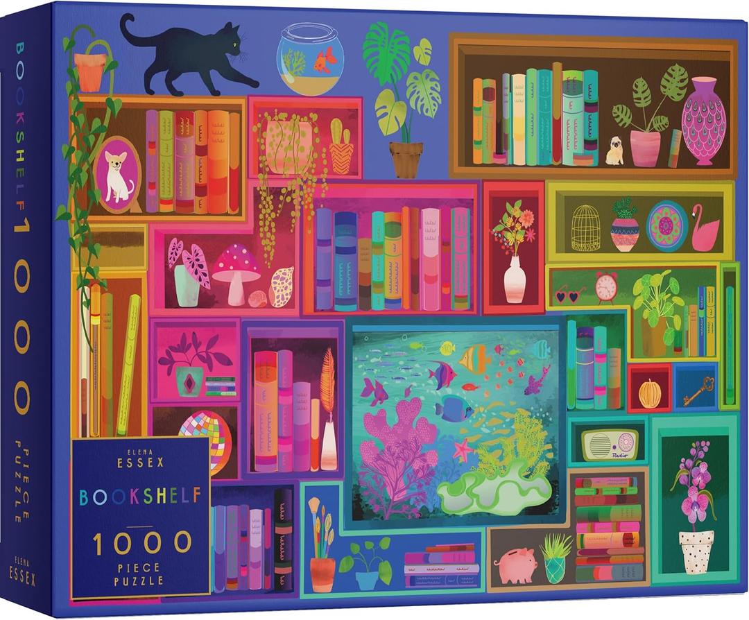 Elena Essex Jigsaw Puzzles 1000 Pieces - Bookshelf, Puzzle 1000 Pieces, Puzzles for Adults, Colorful Books Cat Flower Rainbow Puzzle, Size 28 x 20 inches