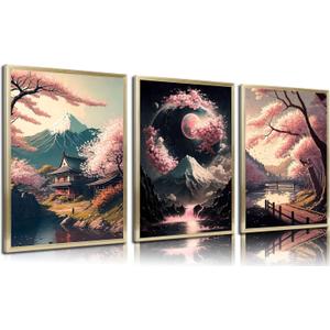 3Pcs Japanese Canvas Wall Art Cherry Blossom Lake Landscape Posters Prints Japan Mount Fuji Wall Decor Pictures for Living Room Bedroom Home Decoration Unframed
