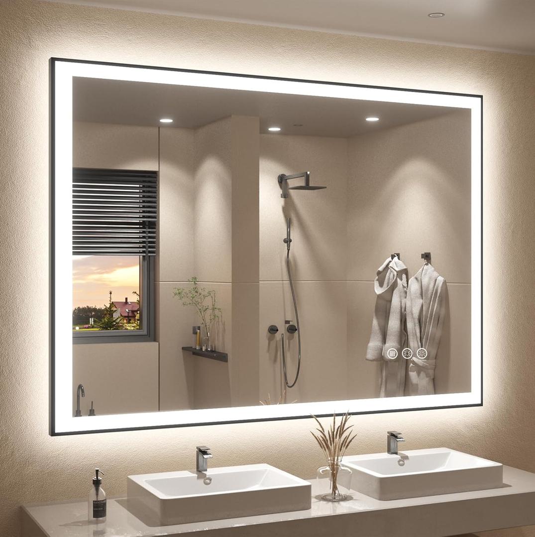 SMIROR 48x38 LED Mirror with Matte Black Frame for Bathroom Wall, Lighted Vanity Mirrors with Lights, Dimmable, Anti-Fog, Memory, Shatterproof, ETL Listed (Front and Backlit)
