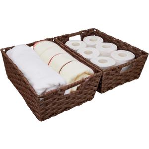 Large Wicker Storage Basket, Metal Frame, Set of 2, Washable Waterproof, 15" x 10.3" x 5.2", Brown Color, Woven Basket for Pantry, Toilet, Bathroom, Bedroom, Patio