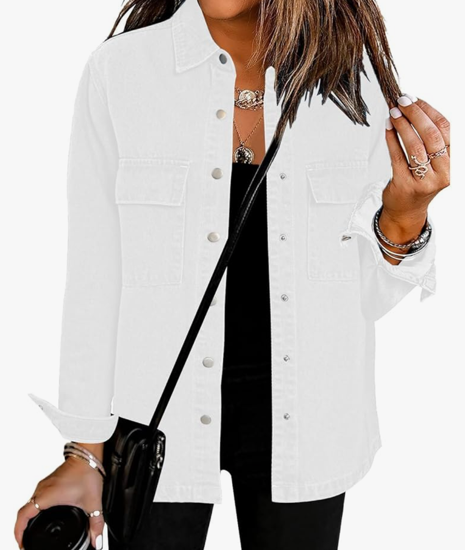 luvamia 2025 Spring Jean Jackets for Women Fashion Oversized Button Down Denim Jacket Western Shacket Jacket with Pockets, White, M