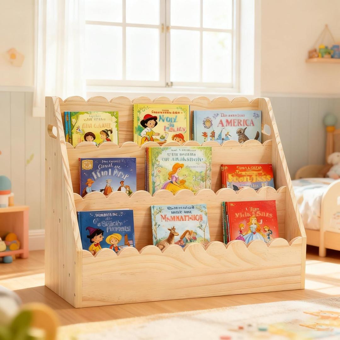 Kids Bookshelf 3-Tier, Solid Wood Bookcase & Montessori Book Display Rack, Open Front Facing Bookshelves for Toddlers, Children's Room, Nursery, Bedroom, Playroom Organizer (Large)