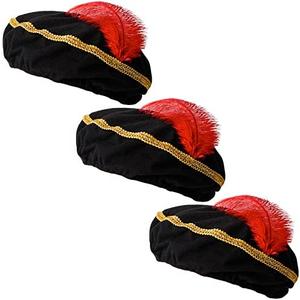 3 Pcs Renaissance Hat Black Medieval Hat Red Feather Minstrel Costume Cap Renaissance Costume Accessory Party Cosplay Supply for Men Women Adult