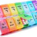 Weekly Pill Organizer, 7 Day AM PM, Push Button Design, Rainbow Colors, BPA-Free Medicine Container for Vitamins, Fish Oil, Supplements
