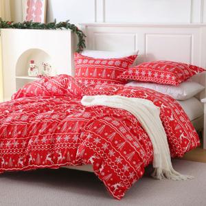 JSD Vintage Christmas Duvet Cover Set King Size, 3 Piece Red Snowflakes Reindeer Snowflakes Printed Microfiber Duvet Comforter Cover with Pillow Sham