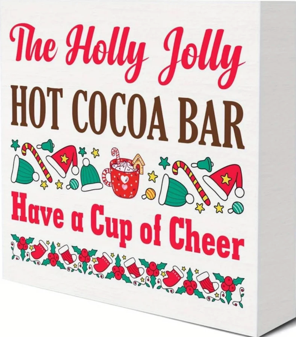Christmas Cocoa Sign Have a Cup of Cheer Christmas Wooden Box Sign Hot Cocoa Decorative Desk Sign for Winter Xmas Holiday Hot Cocoa Bar Home Kitchen Shelf Decor 5 X 5 Inches