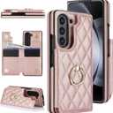 for Samsung Galaxy Z Fold 5 Wallet Case with Ring and Credit Card Holder, Cash Slot, Premium Diamond Leather Magnetic Clasp Kickstand Heavy Duty Protective Cover.(RoseGold)