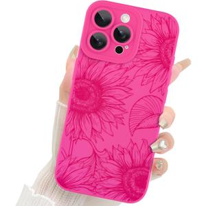 Fiyart Designed for iPhone 16 Pro Case Cute Flower Floral Sunflowers Design,Soft Slim TPU Anti-Scratch Phone Cover for Women Girls 6.3"-Hot Pink