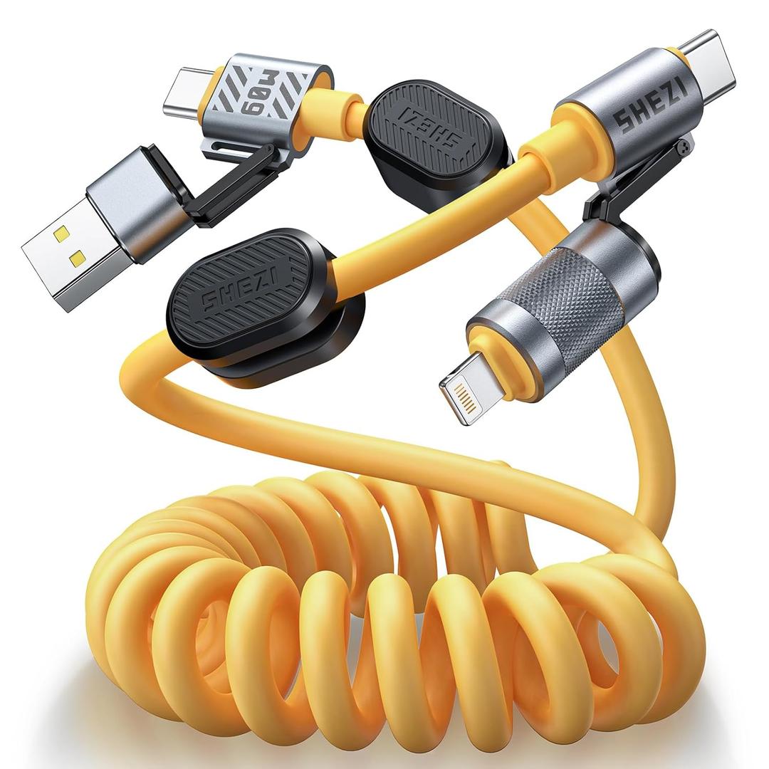 4-in-1 Coiled USB C Cable for Car [60W Fast Charging] USB C to Lightning Cable [CarPlay&Android Auto] Charger Cord with L/Type C/USB A Multi Ports for iPhone/iPad-5ft Yellow (SHEZI-Series)