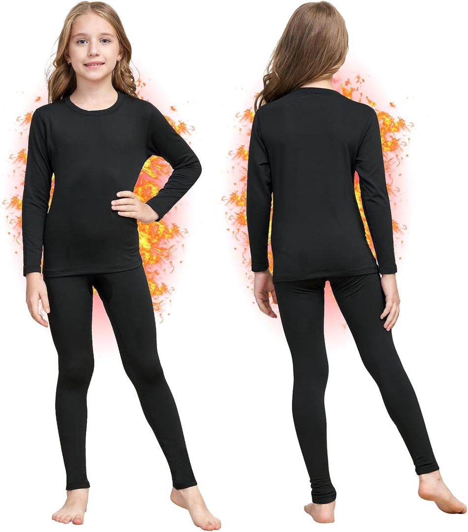 Girls Thermal Underwear Set Ultra Soft Fleece Lined Kids Long Johns Top Bottom Thermals Kids Base Layer Winter Warm, Small, Black