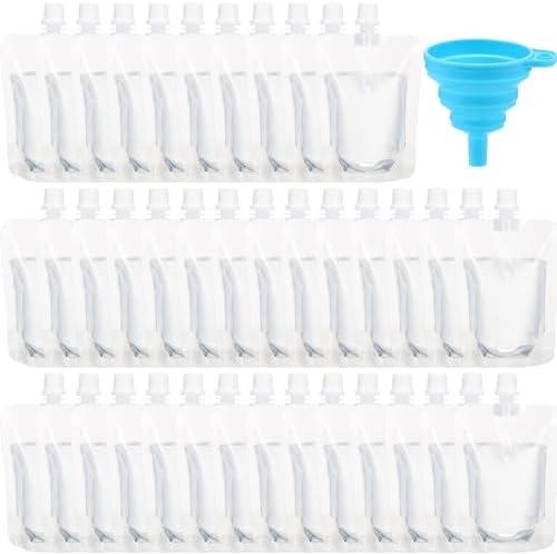 Patelai 150 Pieces Plastic Liquid Pouch Reusable Juice Pouches Travel Water Leak Proof Bags Bulk with Collapsible Silicone Funnel for Travel Outdoor (5 oz)