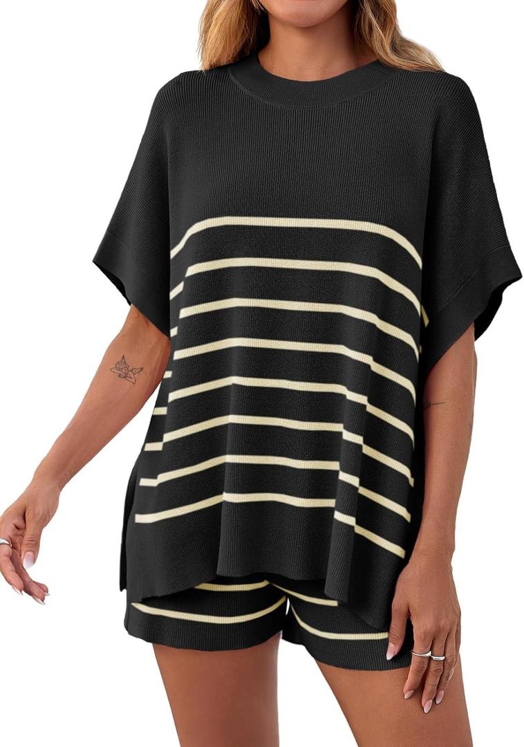 Fisoew Women's Striped 2 Piece Outfits Oversized Batwing Short Sleeve Tops High Waisted Shorts Summer Knit Lounge Short Sets (Black, S)