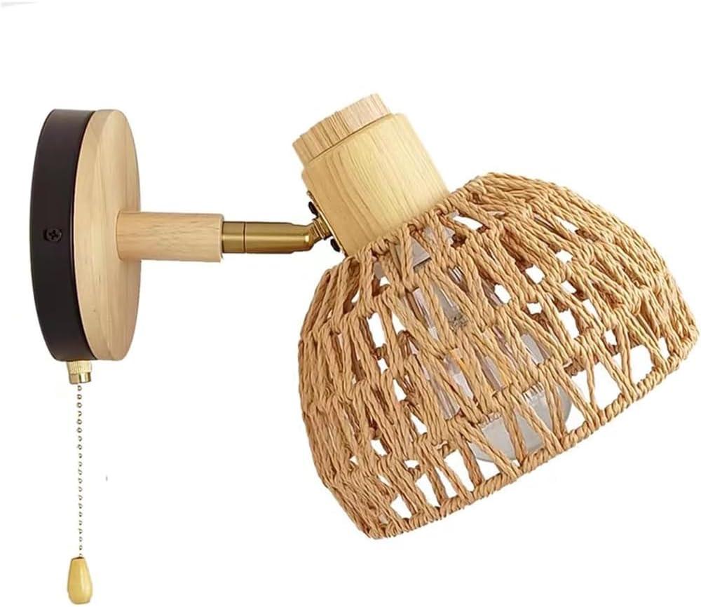Rattan Wall Sconce Light with Pull Chain Switch, Rattan Lamps for Bedroom, Farmhouse Wall Sconces, Wall Mount Light Fixture Indoor, Boho Bedside Wall Sconces (Antique)
