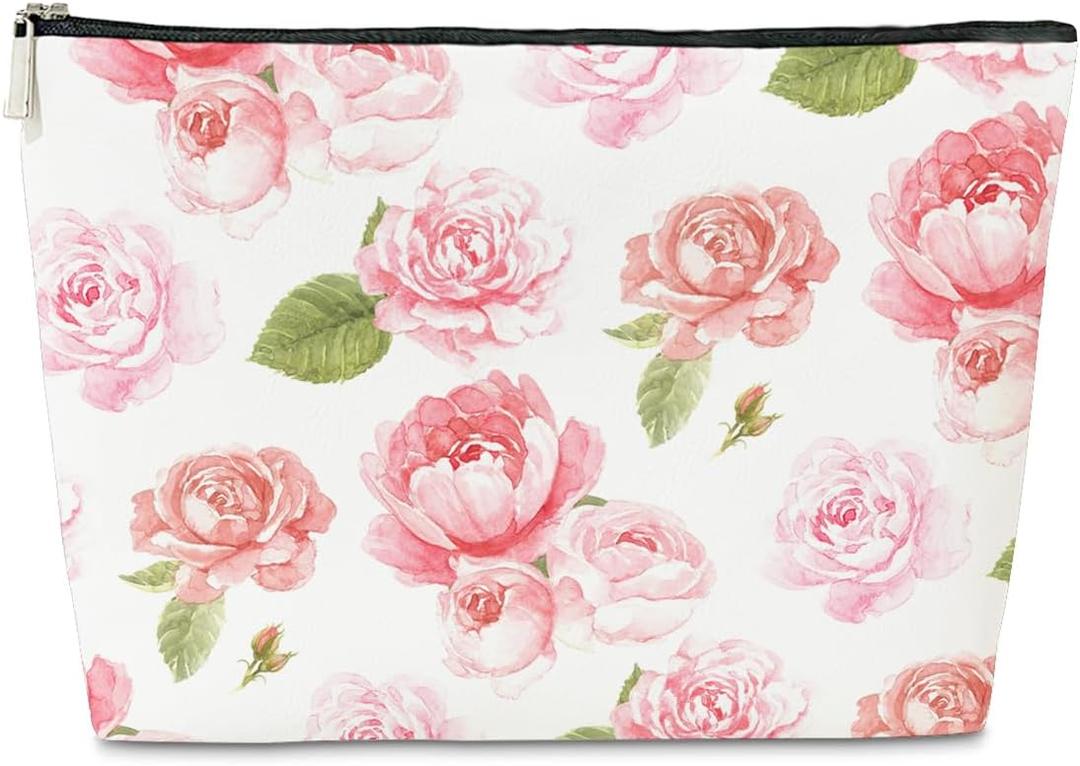2 x Floral Pink Makeup Bag Gift, Coquette Trendy Cute Zipper Travel Toiletry Cosmetic Bag, Preppy PU Leather Organizer for Women, Coquette Birthday Gifts for Sister, Teen, Daughter, Bff, Friend
