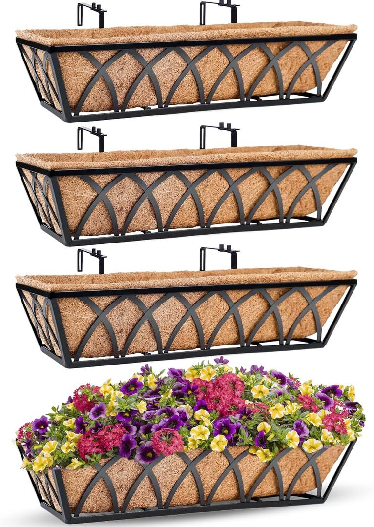 24 Inch Window Deck with Coco Liner, 24" Window Boxes Horse Trough with Coconut Coir Liner, Fence Metal Hanging Flower Planter Window Basket Deck Railing Planter Boxes for Outdoor Garden Lawn, 4pcs