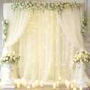 30x10ft Ivory Tulle Backdrop Curtain with Lights String for Parites, Sheer Backdrop Curtains for Wedding Baby Shower Birthday Party Photo Shoot Decorations (30ft x 10ft(6 Panels 5*10ft))