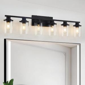 stambord 6 Light Matte Black Bathroom Vanity Light Fixtures with Clear Glass and Metal Base, Black Vanity Lights for Bathroom Over Mirror