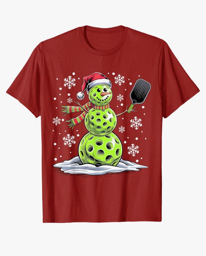 Pickleball Snowman Player Santa Hat Christmas Funny T-Shirt M
