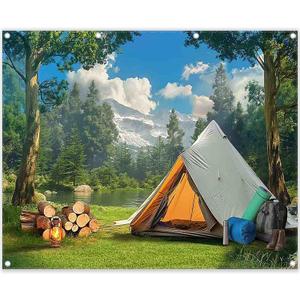 10x8ft Fabric Camping Wild Forest Natural Scenery Backdrop | Tent Photography, Mountain Lake Background, Outdoor Adventure Party Decorations, Photo Banner Props