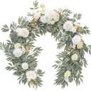 Floroom 6ft Artificial Eucalyptus Garland with Flowers Fake Greenery Faux Floral Vine Garland for Table Decor Wedding Centerpieces Bridal Shower Party Decorations, Cream White