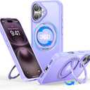 QTlier for iPhone 16 Case, 360 Rotatable Ring Stand, Raised Camera Frame, Shockproof Case Compatible with MagSafe, Case for iPhone 16, Translucent Lilac