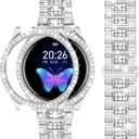 Dsytom Bands Compatible with Samsung Galaxy Watch FE 2024 40mm/ Galaxy Watch 5/4 40mm 44mm, 20mm Bling Metal Replacement Galaxy Watch FE/5/4 Band 40mm 44mm with Rhinestone Protective Case for Women (Silver)