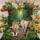 VitalCozy 7pcs Vbs 2026 Safari Party Decorations Jungle Rainforest Themed Party Porch Banners Green Rug Green Foil Fringe Backdrop Curtains for Wild Animals Birthday Photo Background Entryway Decor