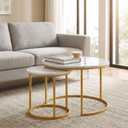 Round Nesting Coffee Table Set of 2, Modern Marble Pattern Wooden Nesting Tables, Stacking Minimalist End Table for Living Room Bedroom Small Space, White and Gold, Height: 72.39 cm
