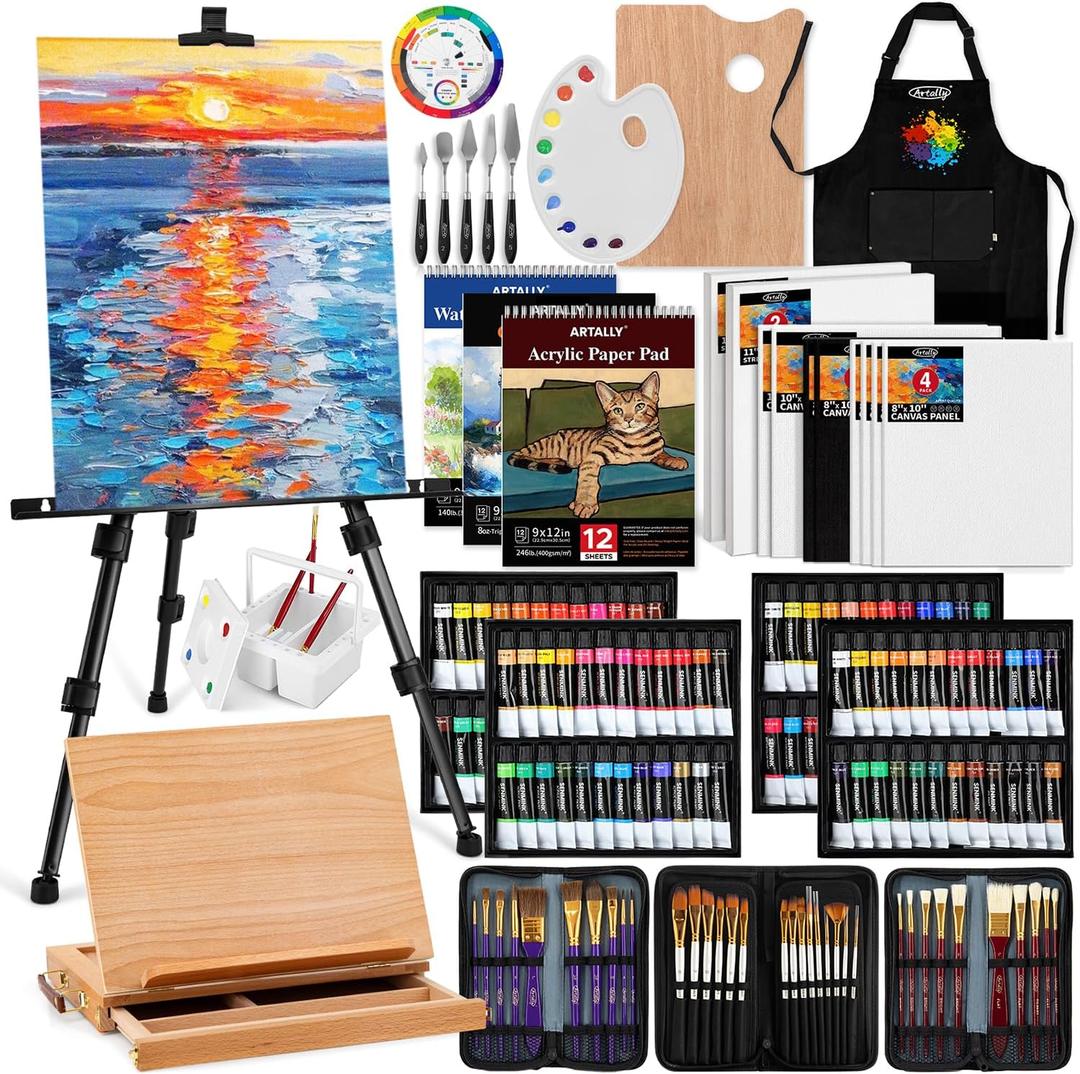 187Pcs Professional All-in-One Art Painting Kit with Aluminum & Beech Wood Easel, 96 Acrylic, Watercolor & Oil Paint Set, Complete Art Supplies Painting Set for Adults, Artists, Beginners, 187Piece Set
