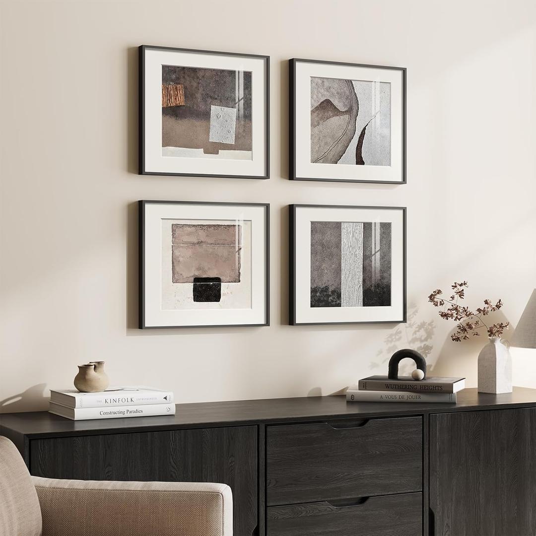 Framed Neutral Abstract Wall Art Set, 4 Piece Modern Color Blocks Hanging Prints Picture, Tan Gray and White Painting Decor for Entryway Bedroom Living Room Hall Staircase 12x12 Inch