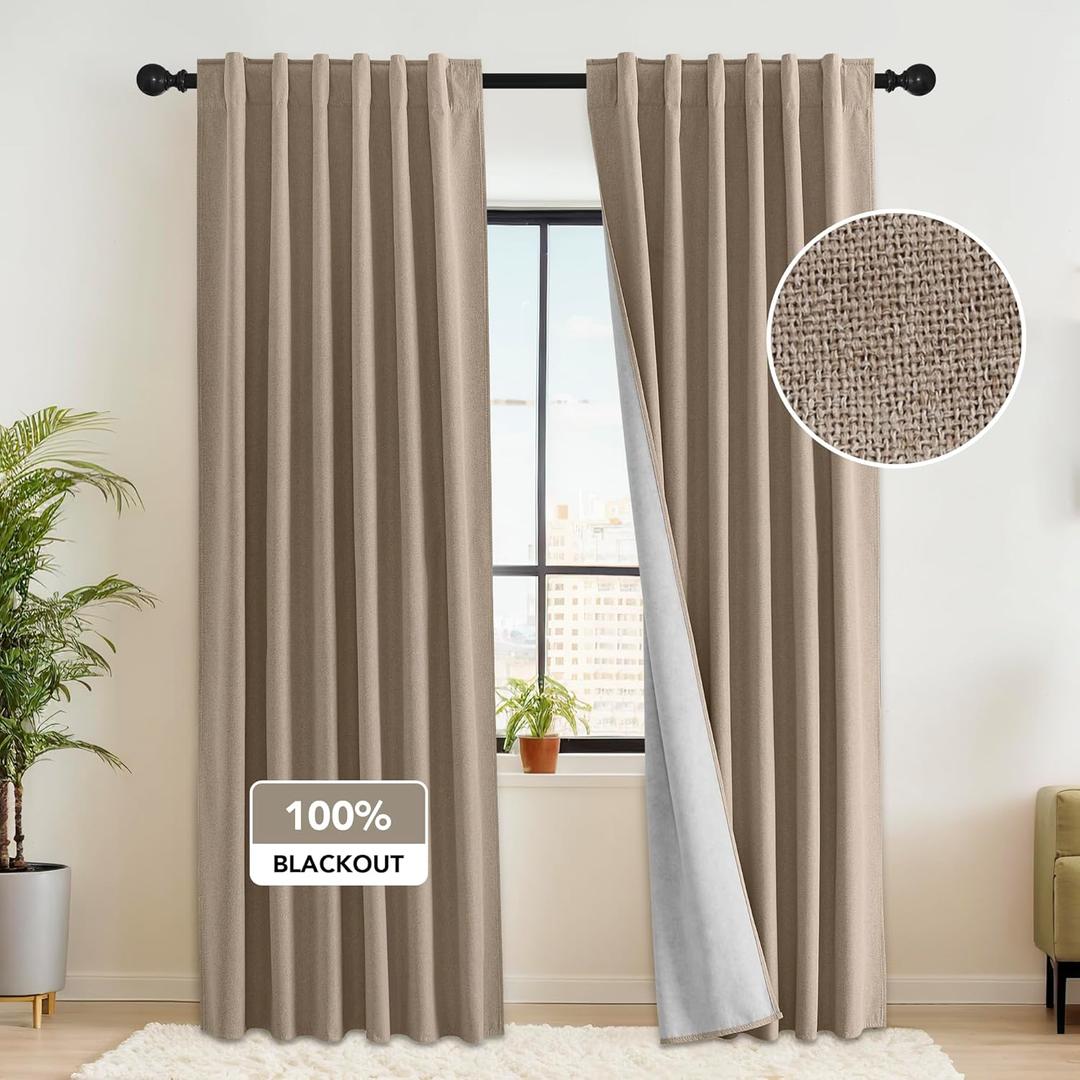 RYB HOME 100% Blackout Flax Linen Curtains 90 Inch Long, Light Block and Thermal Insulated Drapes, Total Blackout Curtains for Living Room/Bedroom/Nursery, 2 Panels, 52 Inch Wide, Mocha