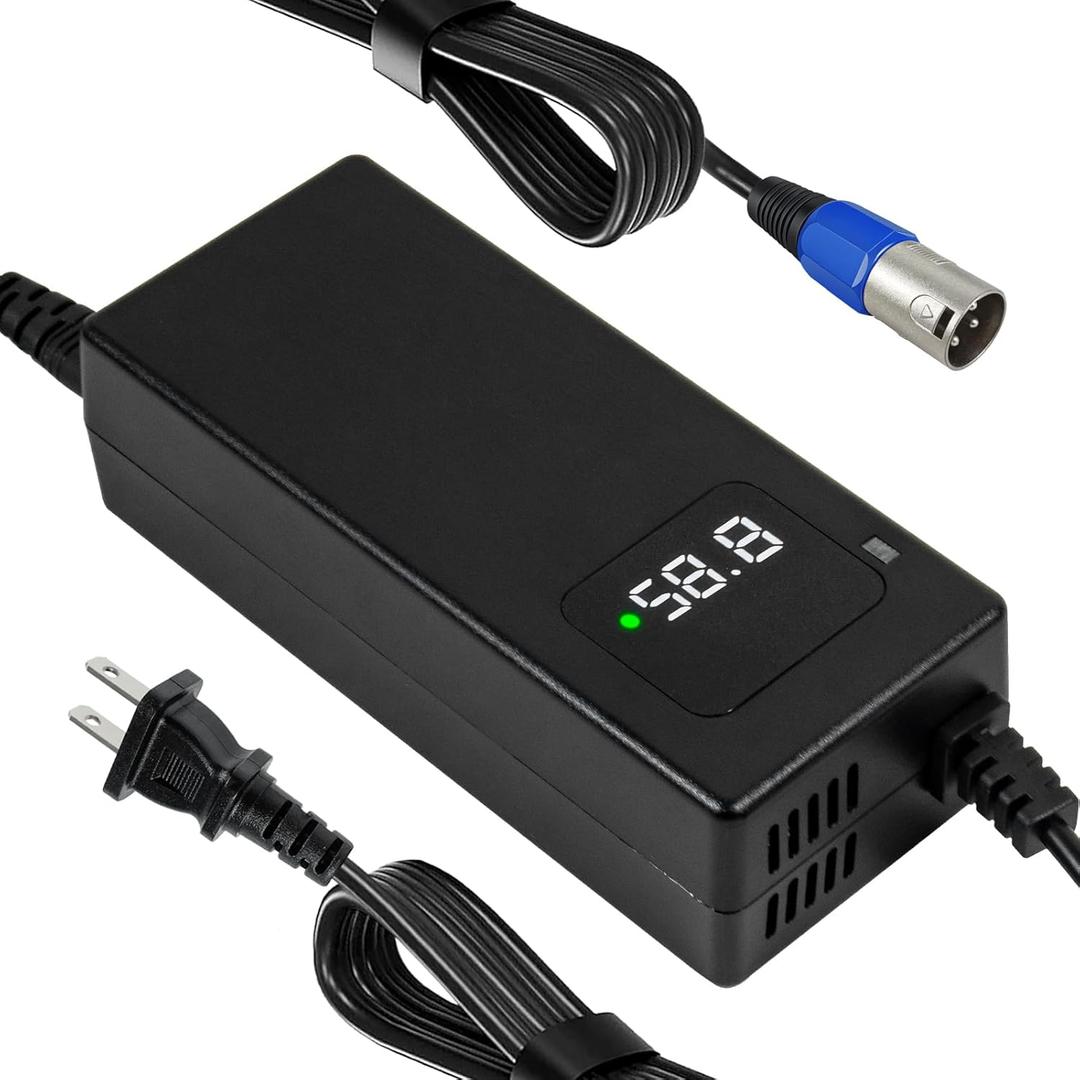 58.8V 2A Charger 3 Pin XLR Connector for 52V Lithium BatteriesPower Adapter Features HD Display of Current Charging Voltage Smart Shut-Off Fully Charged