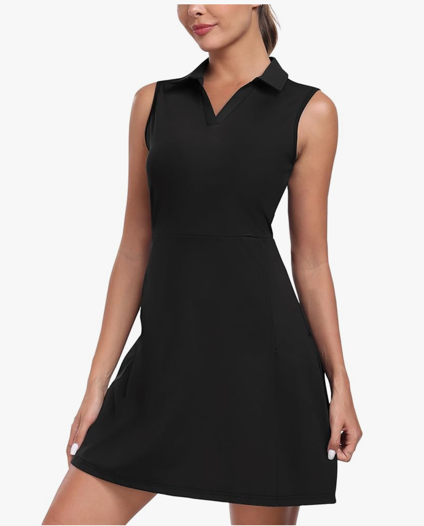 MoFiz Women's Black Sleeveless V-Neck Mini Dress with Shorts - Casual Golf Tennis Dress - Medium