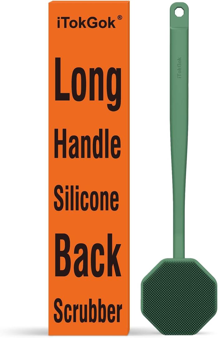 iTokGoK Silver-Infused Silicone Back Scrubber with Long Handle Back Brush for Shower,Back Brush Long Handle for Men and Women,Ergonomic No-Slip Handle, Long-Lasting (Midnight Green)