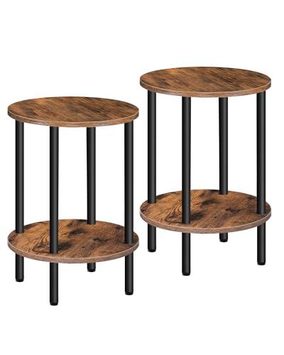 CHOEZON Side Table Set of 2, 2-Tier Round End Table, Small Nightstand with Sturdy Metal Tube, Industrial Coffee Table, for Living Room, Bedroom, Rustic Brown and Black TBZ01P2BF
